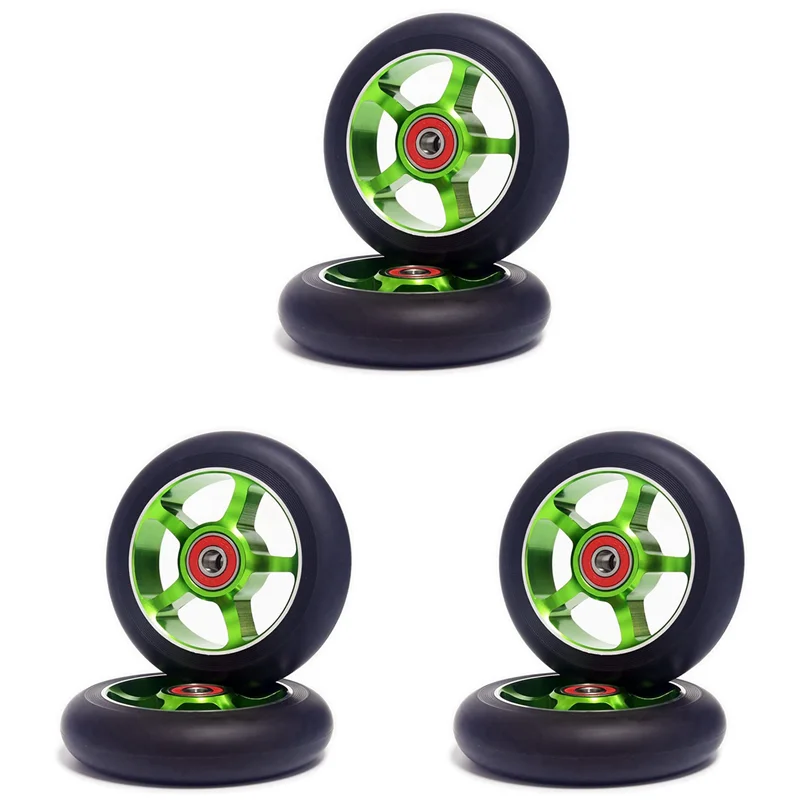 

B93B-6Pcs 100 мм запасные колеса для скутера с подшипниками, алюминиевые износостойкие детали для скутера из искусственной кожи, аксессуары для скутера, зеленый