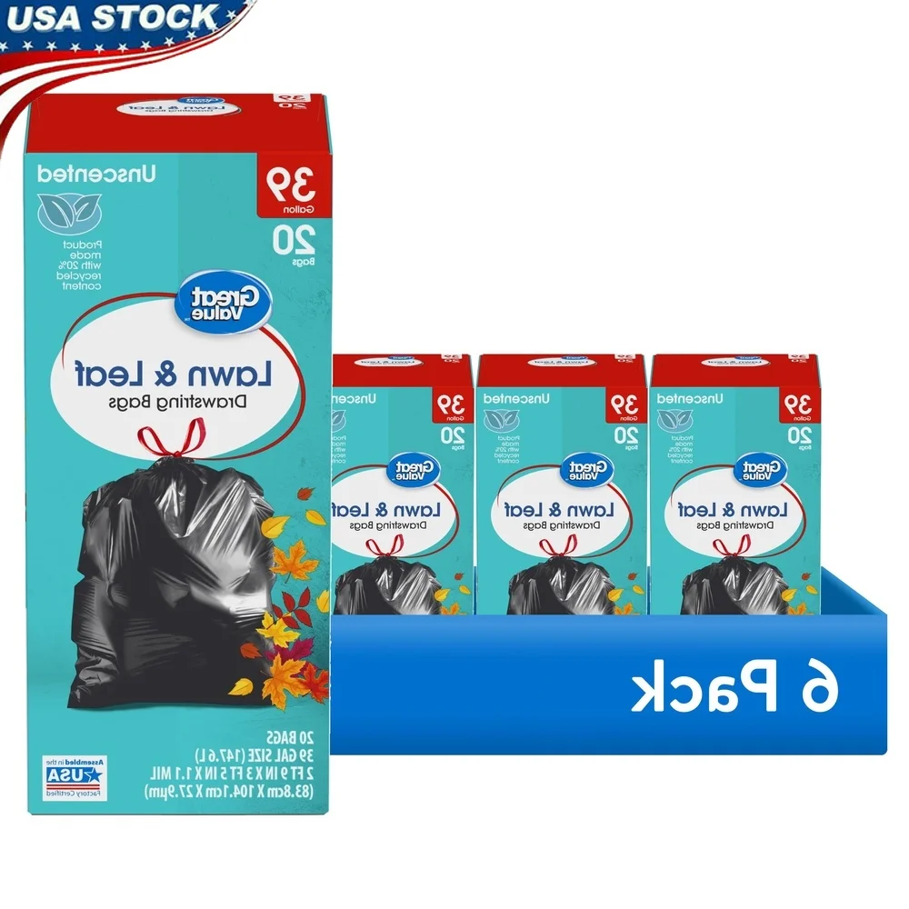 

39 Gallon Drawstring Lawn Leaf Trash Bags Puncture Resistant Heavy Duty 20 Bags Convenient Closure Landscaping Garden Waste