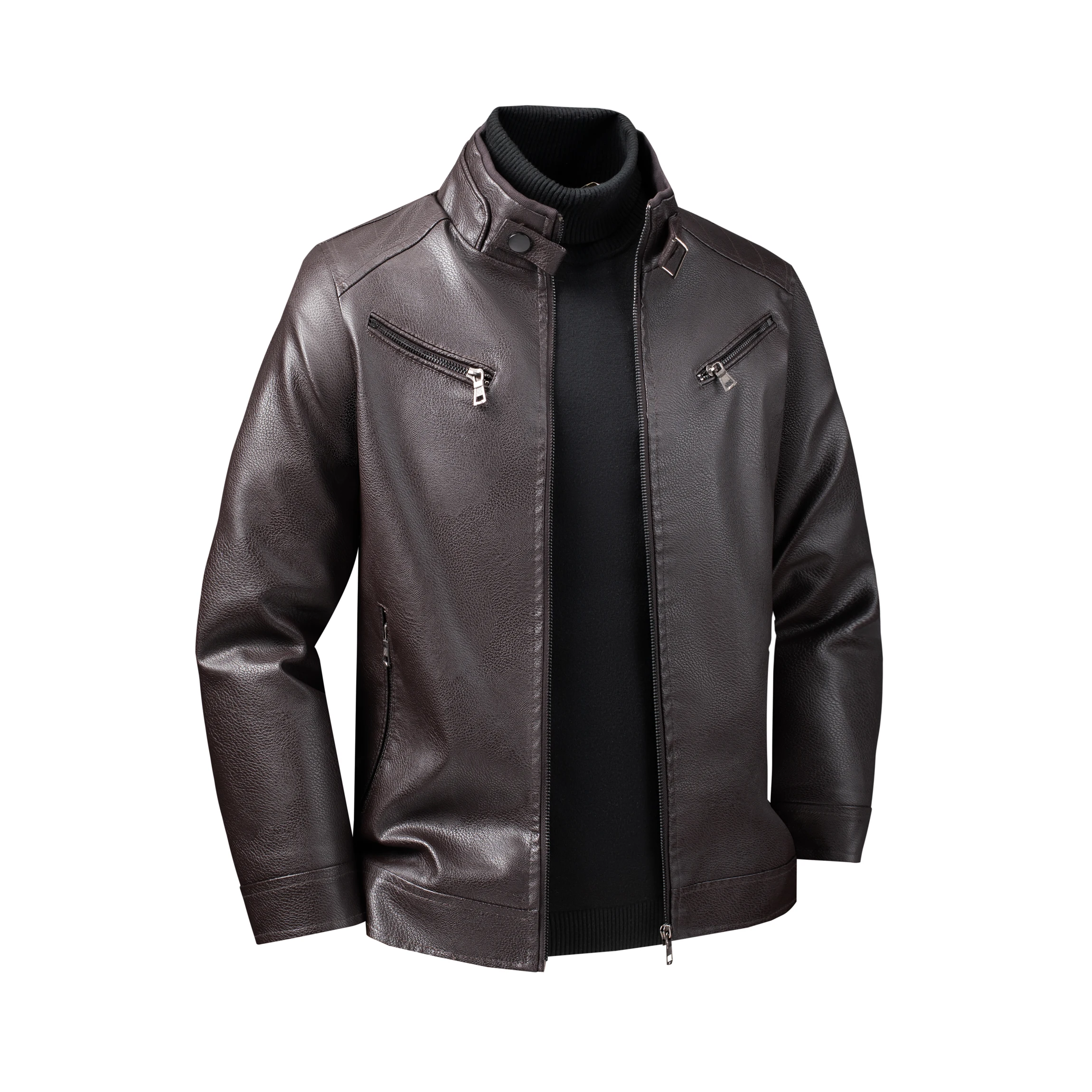 High-Quality Stylish Autumn Winter Stand Collar Men's Leather Jacket Trendy Versatile Customizable Motorcycle Windproof Coat