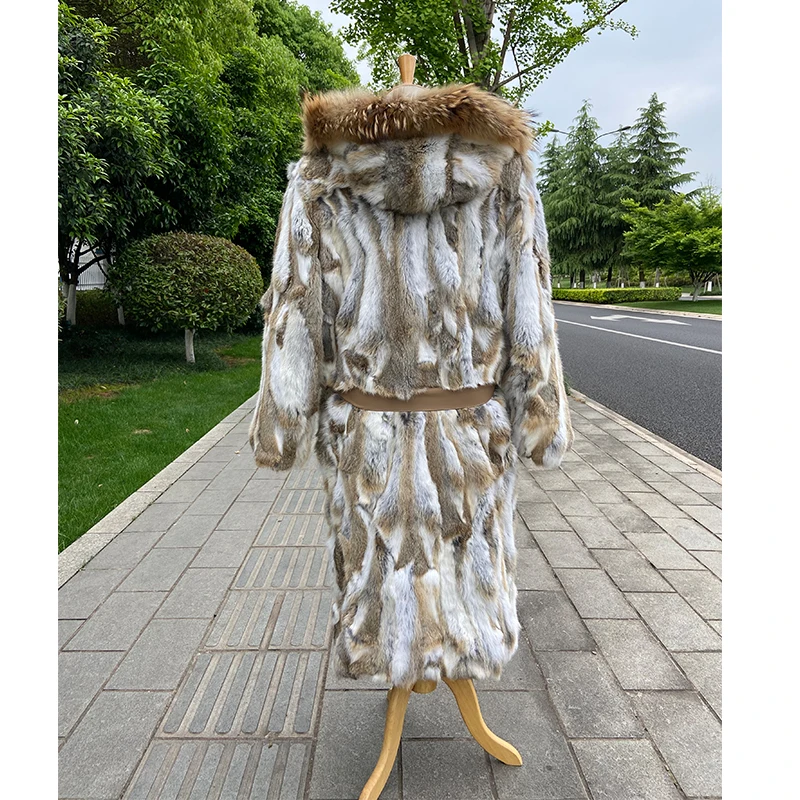 women winter warm fashion longest fur coat real rabbit fur coat with huge hood and raccoon fur collar