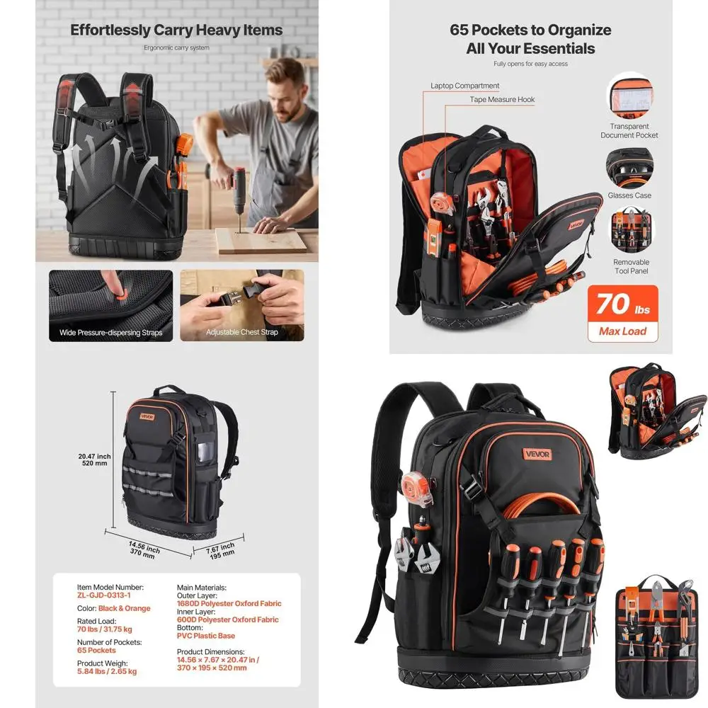 

65-Pocket Heavy-Duty Tool Backpack with Laptop Section & Molded Base for Electricians, Repairmen, and HVAC Technicians