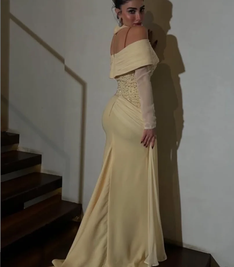 Вечерние вечерние платья из шифона нарцисса с открытыми плечами, блестящие длинные рукава, индивидуальное джерси, арабское платье для выпускного вечера, одежда