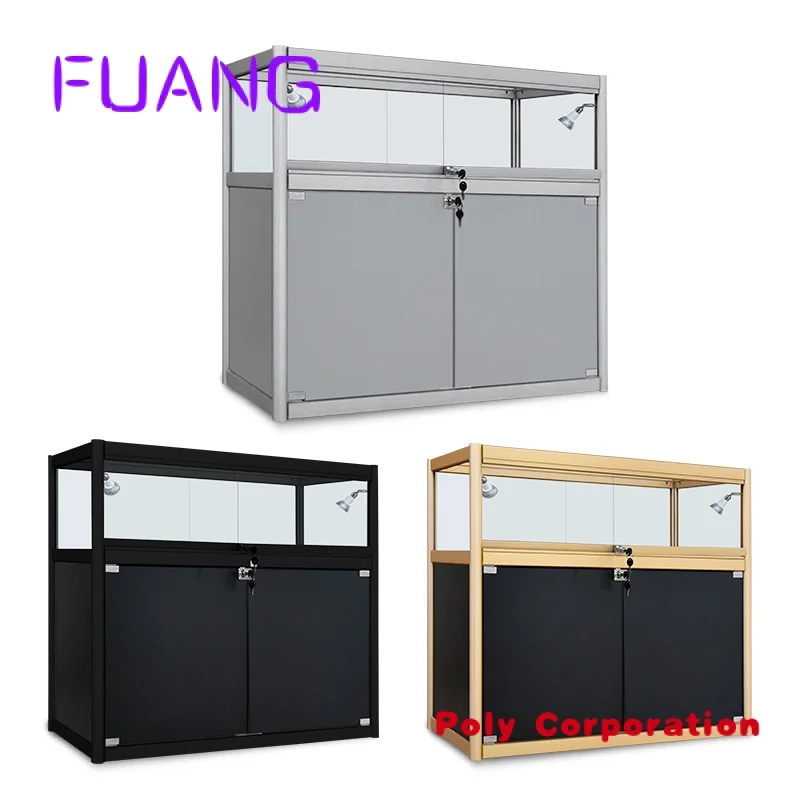 Custom  Wholesale Titanium Alloy Frame Glass Jewelry Display Showcase Cabinet with Led Light