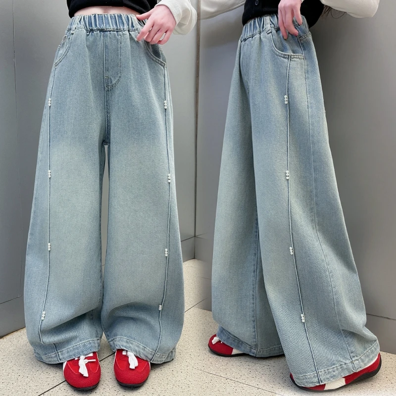 Mädchen-Jeans aus Denim, Perlen-Patchwork-Hosen mit weitem Bein, lockere lange Denim-Hosen für Mädchen, Schulanfangsaison, Kinderhosen
