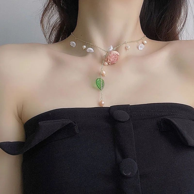 Retro Powder Rose Real Dried Flower Necklace Bracelet Natural Pearl Short Necklace Immortal Pollen Rose Clavicle Chain Bracelet