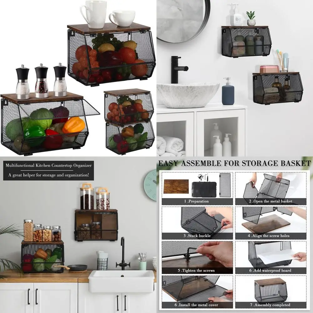 

Набор из 2 шт. штабелируемых сетчатых корзин с крышкой для хранения овощей и фруктов, подвесных металлических контейнеров для лука, картофеля, закусок