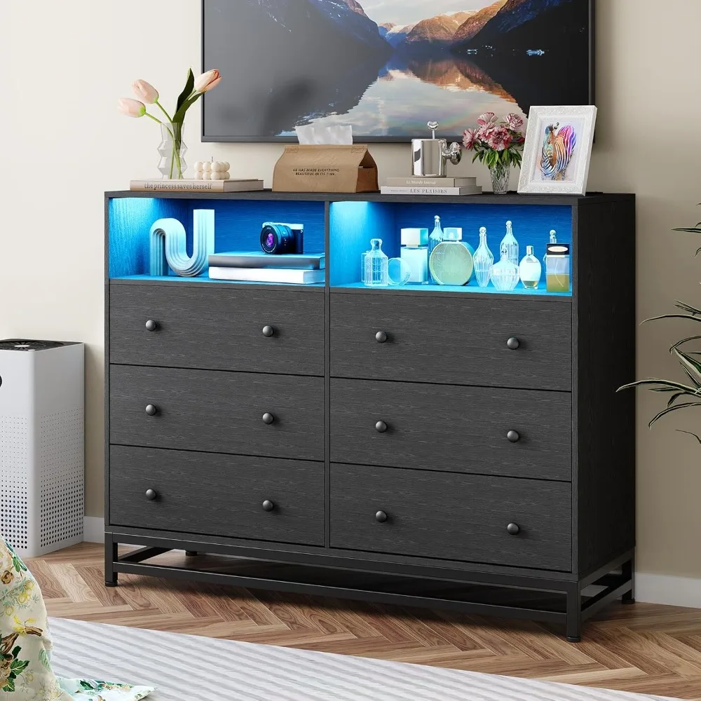 

Dresser for Bedroom, Wooden Modern Wide Dresser with Charging Station and Led Lights Design, Large Capacity Storage Chest