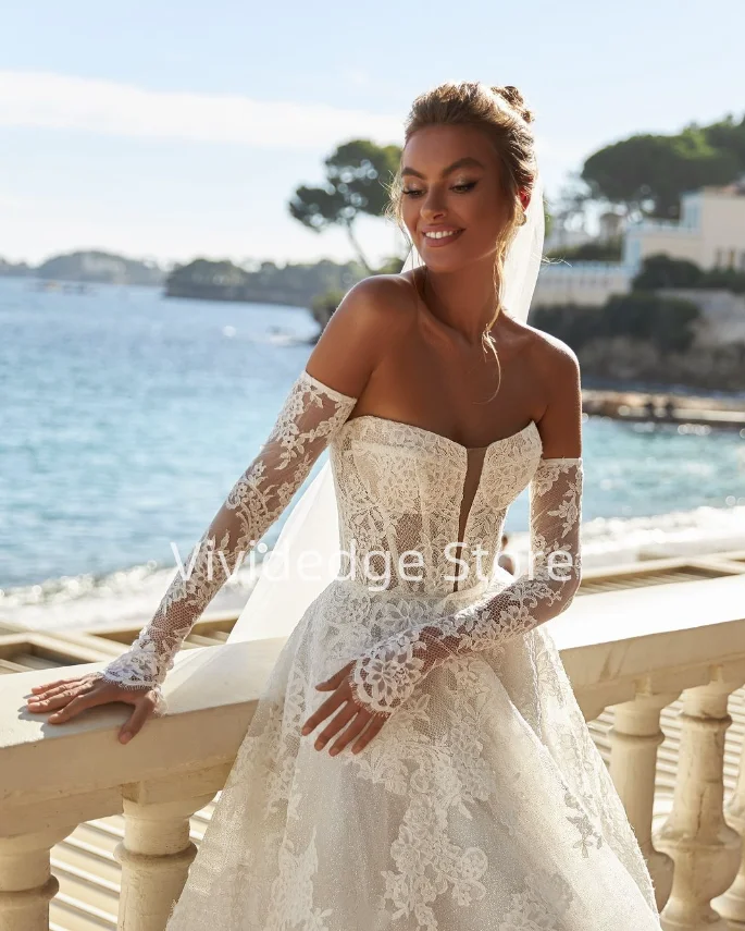 White Strapless Elegant Wedding Dresses Women's Lace Applique Luxury Bridal Gowns A-Line Dresses vestidos de boda para fiestas