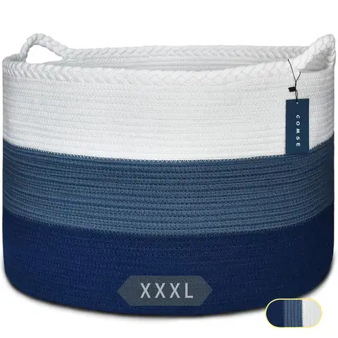 Extra Large Blanket Basket, Woven Laundry Basket, 21.7”x 13.8”, Nursery Hamper, Cotton Rope Laundry Hamper Living Room for Storage Toys Clothes Towels (White & Cadet Blue & Navy Blue)