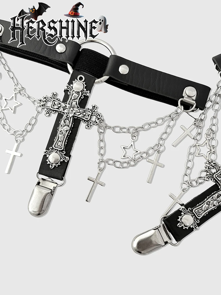 2 piezas de leggings cruzados de cadena negra Y2K para mujer, clip para calcetines, accesorio de disfraz de Halloween para club nocturno estilo gótico oscuro punk