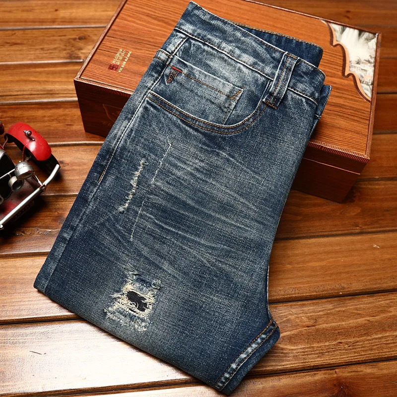 Hole & patch blue jeans men's straight slim fit 2024 new fashion elastic spring and autumn casual long pants