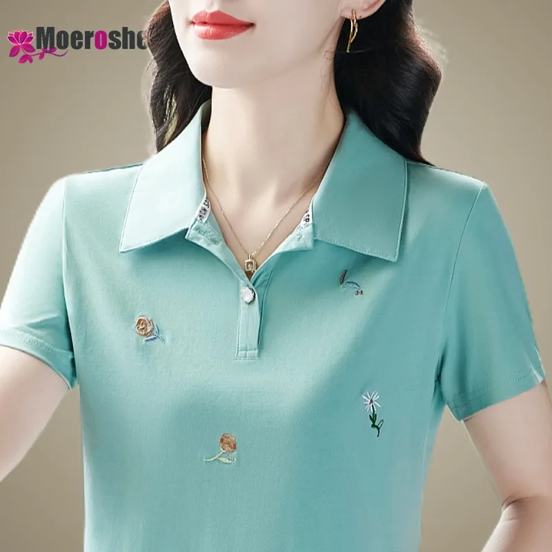 Summer Embroidered Flower POLO lapel Shirt Short Sleeves T-shirt Womens Top Cotton Sleeve Golf Clothing Elegant and high quality