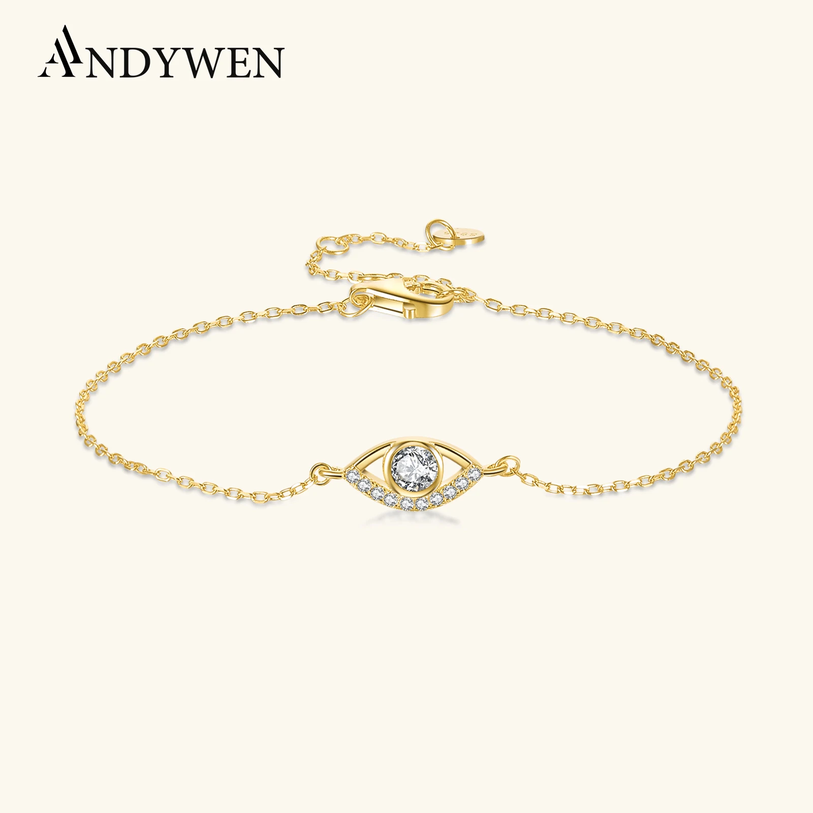 

ANDYWEN 925 Sterling Silver 14mm Eye Shape Pendant Charm Bracelet Chain For Women Luxury Circle CZ Zircon Fine Jewelry Gift