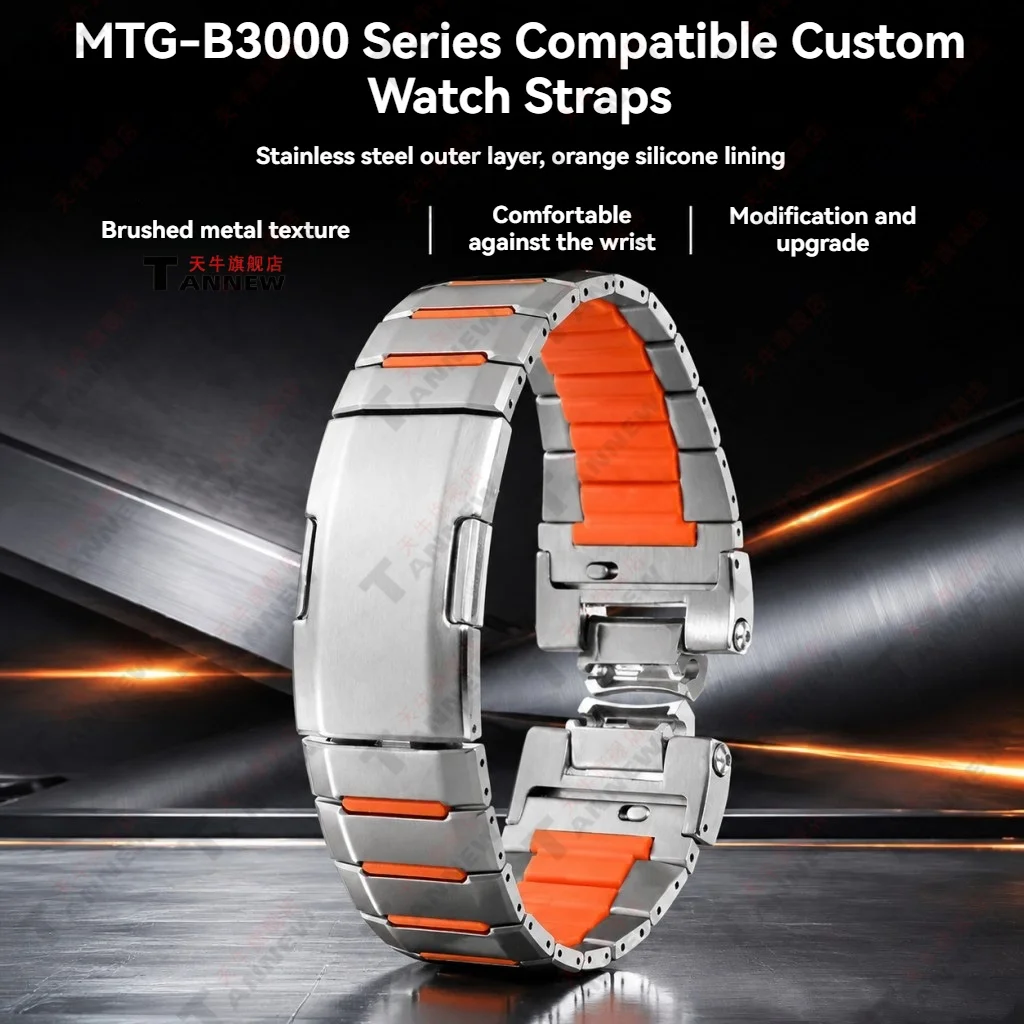 Composite Stainless Steel & Soft Silicone Strap for Casio G-Shock MTG-B3000 Series One-Push Quick Release Replacement Sport Band