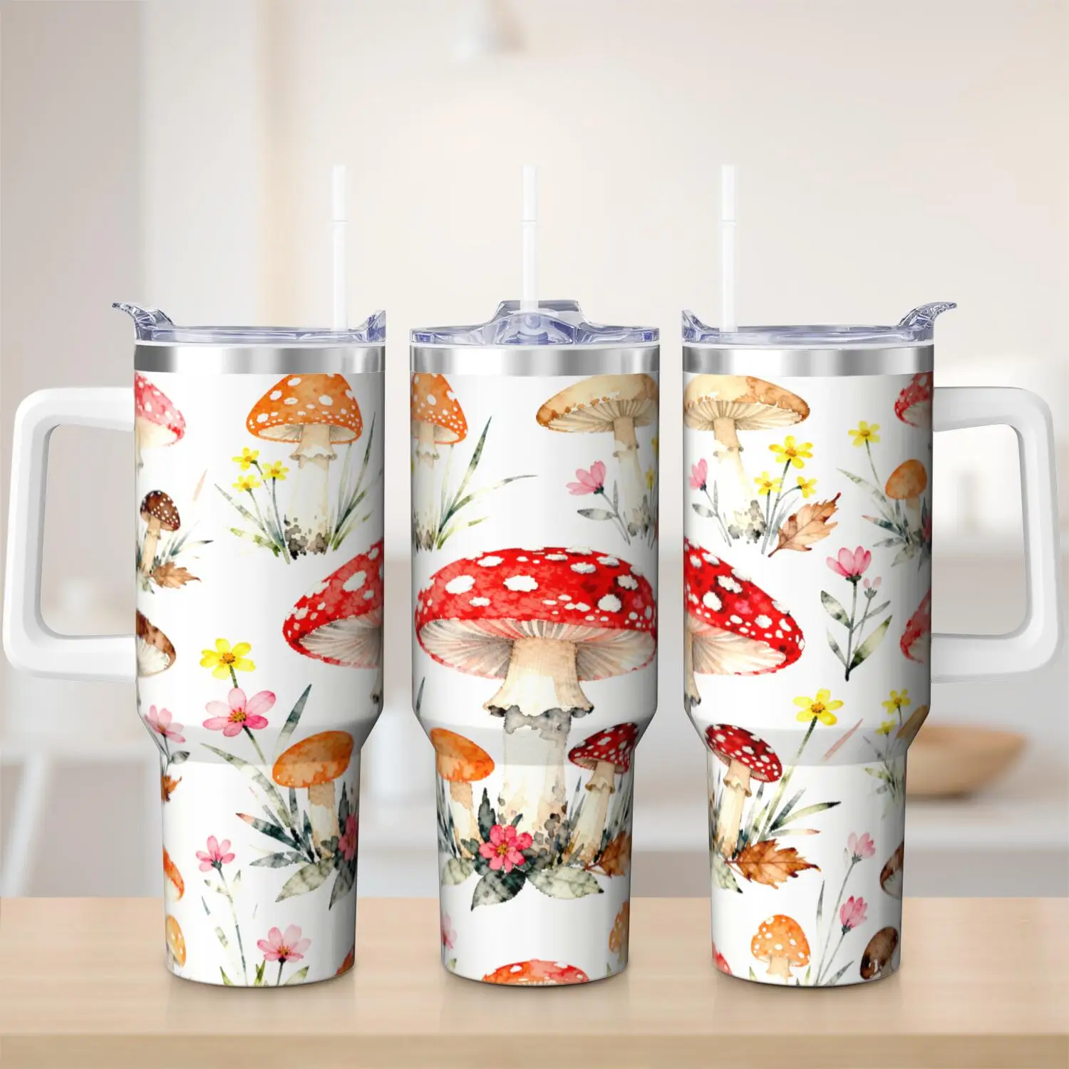 1ps Mushroom Handle Cup - Straw Set, Holds Up to 40 Oz, Inner Layer 304 Stainless Steel, Outer Layer 201 Stainless Steel, Seamless Inner Tank, Lid PC Material, Suitable for Home, Office, Outdoor, Sports, And Car