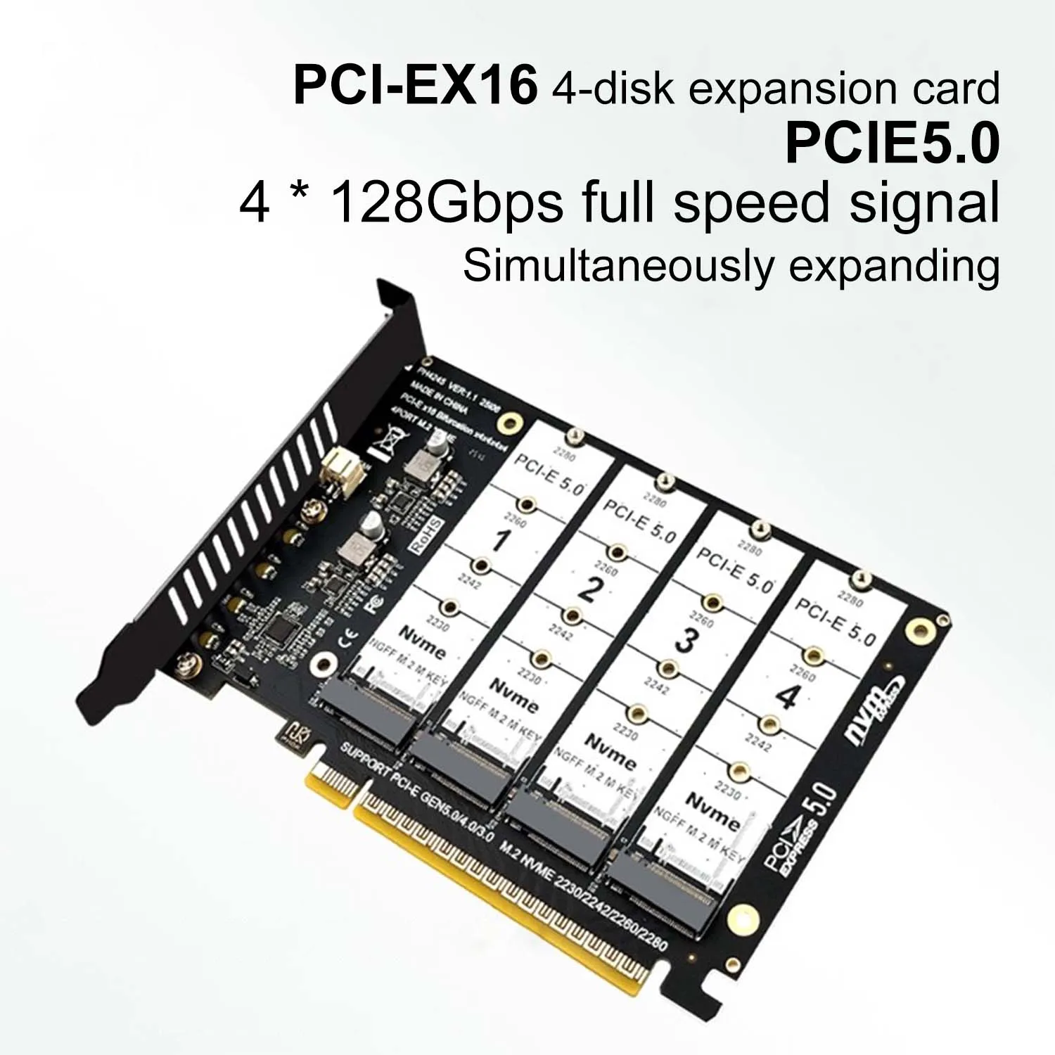 PCIe 16X 5.0 4-port NVMe Expansion Card PCIe 5.0 X16 to NVMe M.2 M Key SSD Adapter Card Supports 3.0/4.0/5.0 Bifurcation