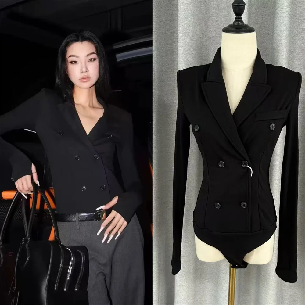 

Winter Sexy V Neck Spliced Blazer Bodysuit Women Black Long Sleeves Button Slim Jacket Coat Evening Party Cocktail Clothing