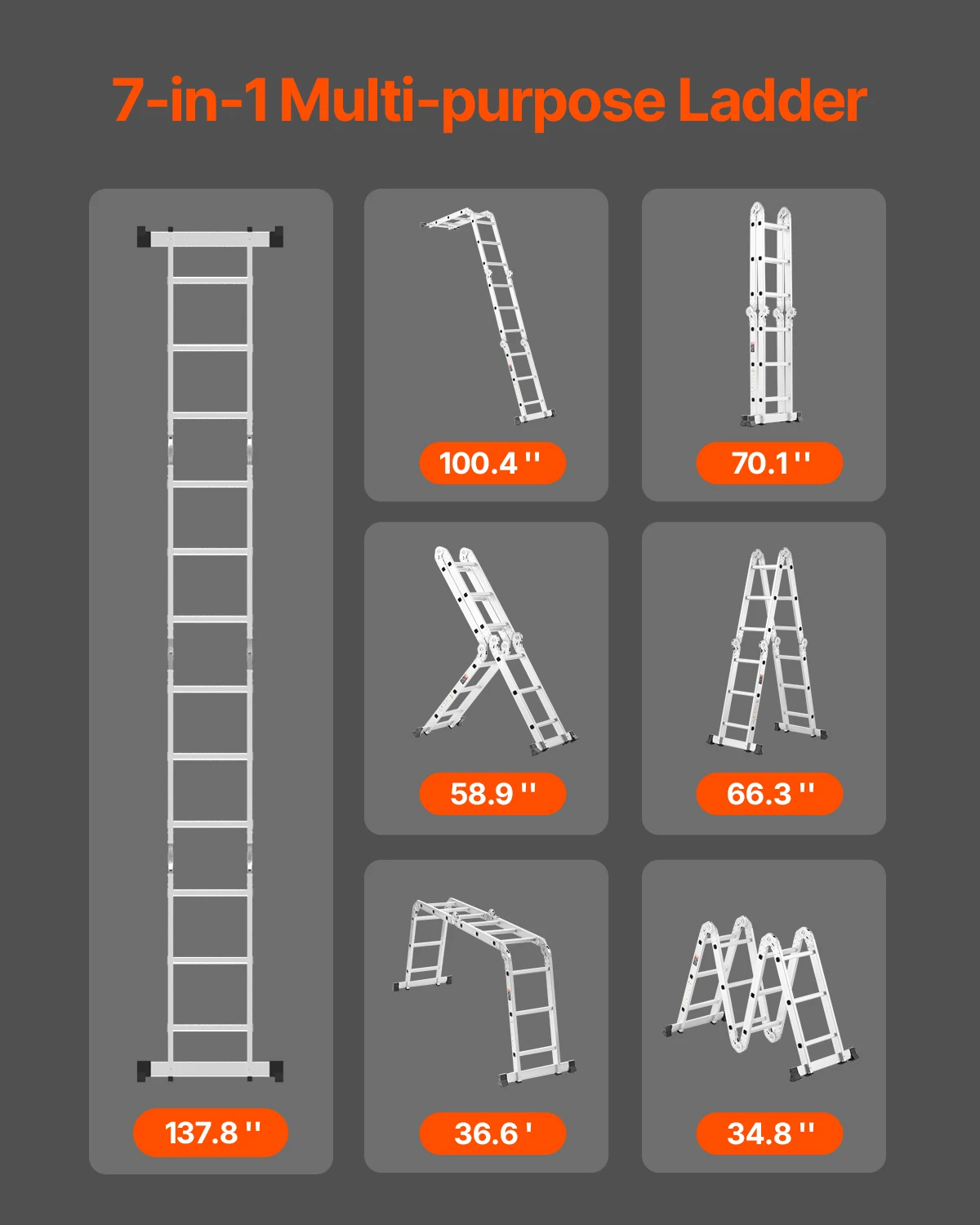 SucceBuy Multi-Purpose Folding Ladder 7-in-1 Tall Step Ladder A Frame Adjustable Telescoping for Household Outdoor Work