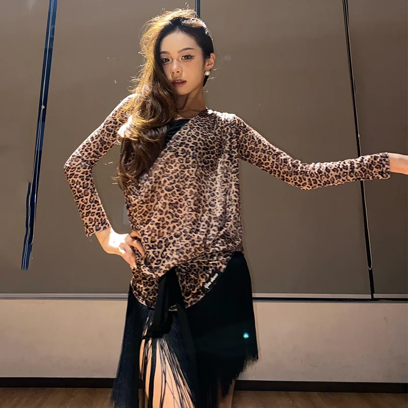 Leopardo Ballo latino Top Gonna con nappa nera Donna Abbigliamento da pratica sexy Rumba Costume da ballo Club Abbigliamento da prestazione latino NV22318