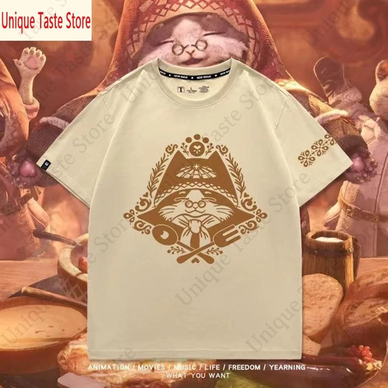 ‌Monster Hunter Wilds Grammeowster Chef Graphic T‑Shirt Vintage Ailuro Printed Short Sleeve Casual Anime Game Tee For Men Women