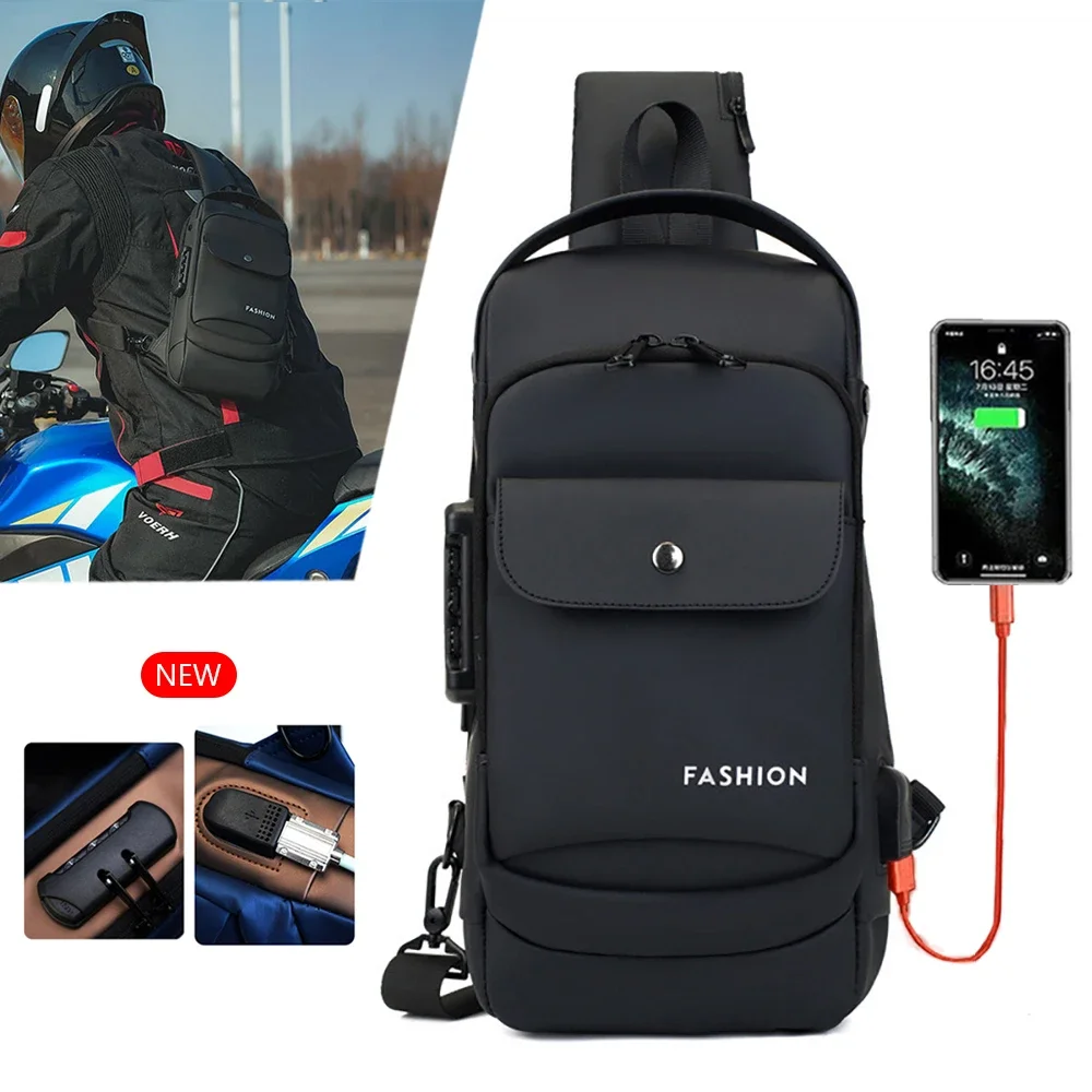 Men Cross body Chest Bag Sling Backpack with USB Charge Port Anti-theft Travel Male Motorcycle Rider Messenger One Shoulder Bag
