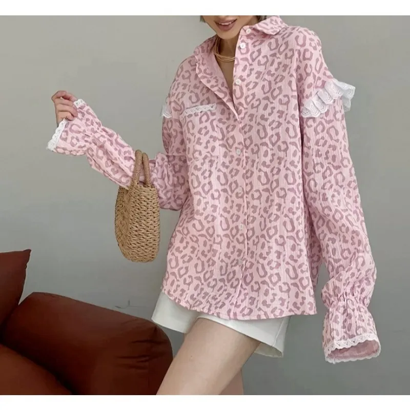 2025 Autumn Fashion Cotton-Linen Casual Subtle-Style Pink Leopard Print Long-Sleeved Shirt