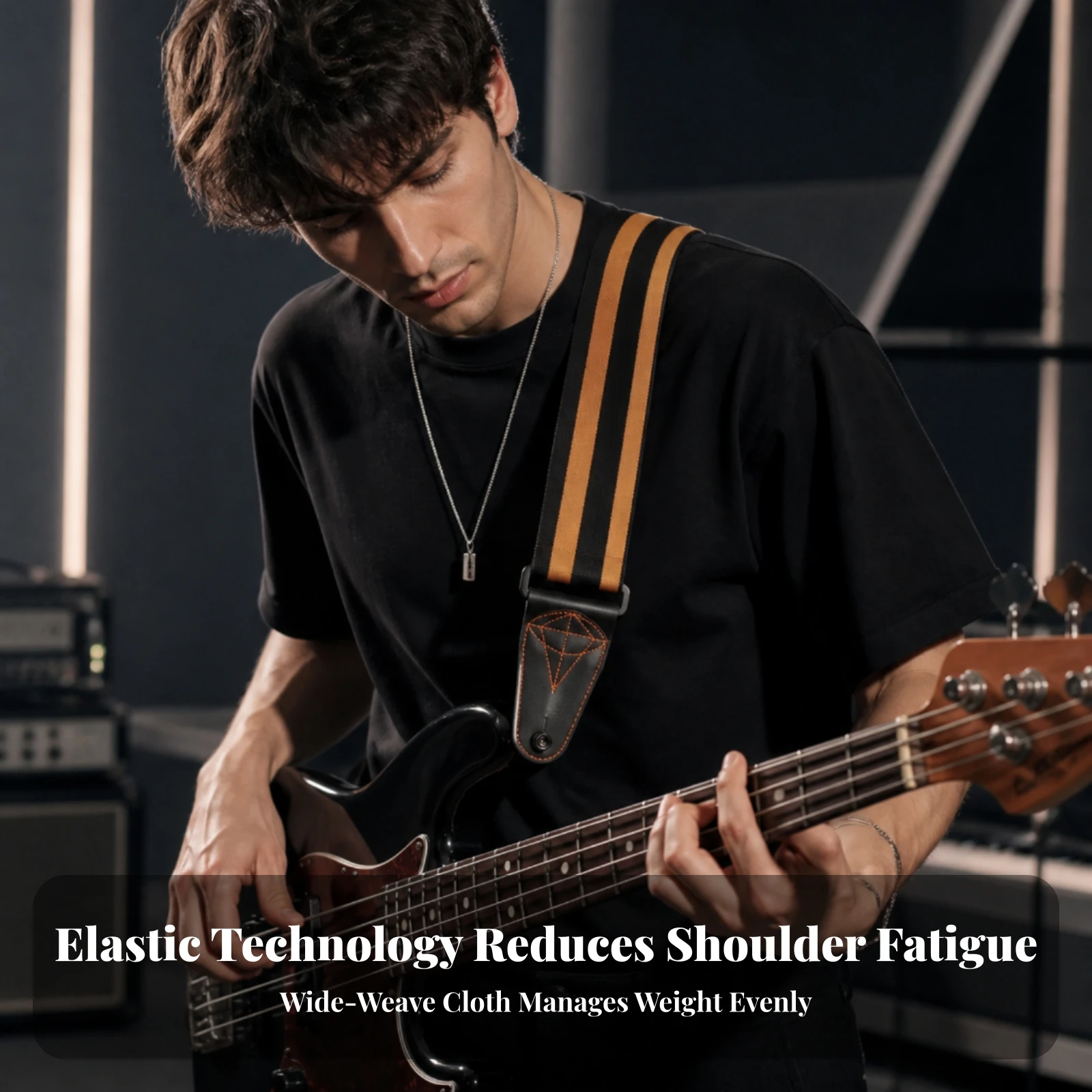 Elastic Guitar Strap Shock-Absorbing Guitar Strap with Leather Ends Long-Lasting Reinforced for Guitarists, Stage, Rehearsals