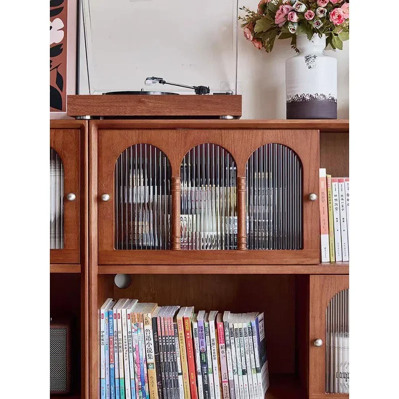 Retro Solid Wood Bookcase Medieval Arched Glass Display Cabinet Living Room Household Dustproof Storage Bookshelf Dining Side