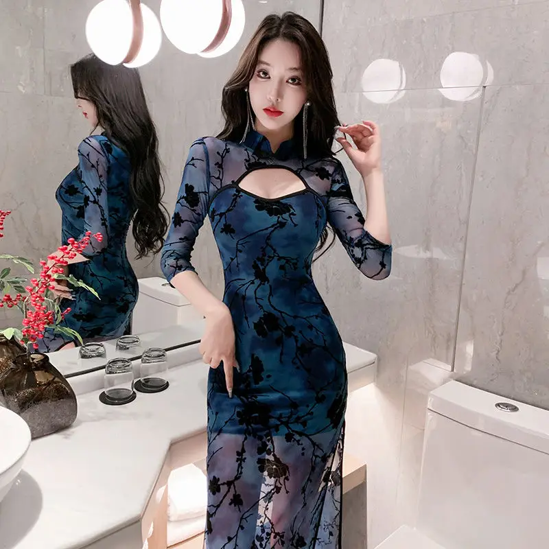 Dignified Intellectual Cheongsam Sexy Temperament Hollow Out Long Dress Ladies Chinese Style Elegant Printing Slim Vintage Dress