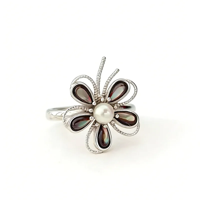 Vintage Bohemian Fashion Natural Freshwater Pearl Ring Natural Black Shell Delicate Flower Shape 925 Sterling Silver Rings