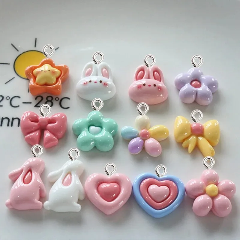 10Pcs Kawaii Glossy Flower Rabbit Resin Charms, Pendants For DIY Women Earrings Necklace Car Keychain Craft Jewelry Accessories