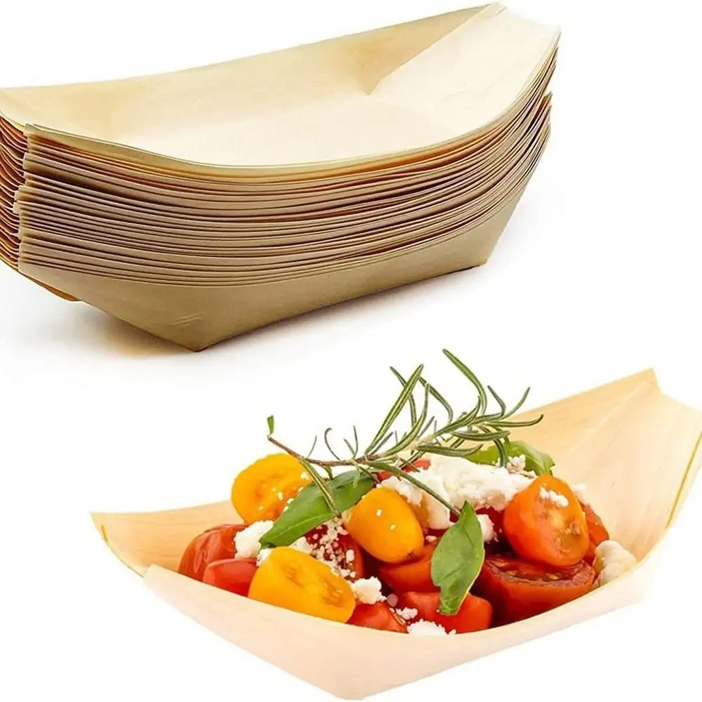 50PCS Multi-size Disposable Wooden Boat-shaped Plate Japanese Dish Food Serving Sushi Plate Boat-shape Tray Wood Bowl