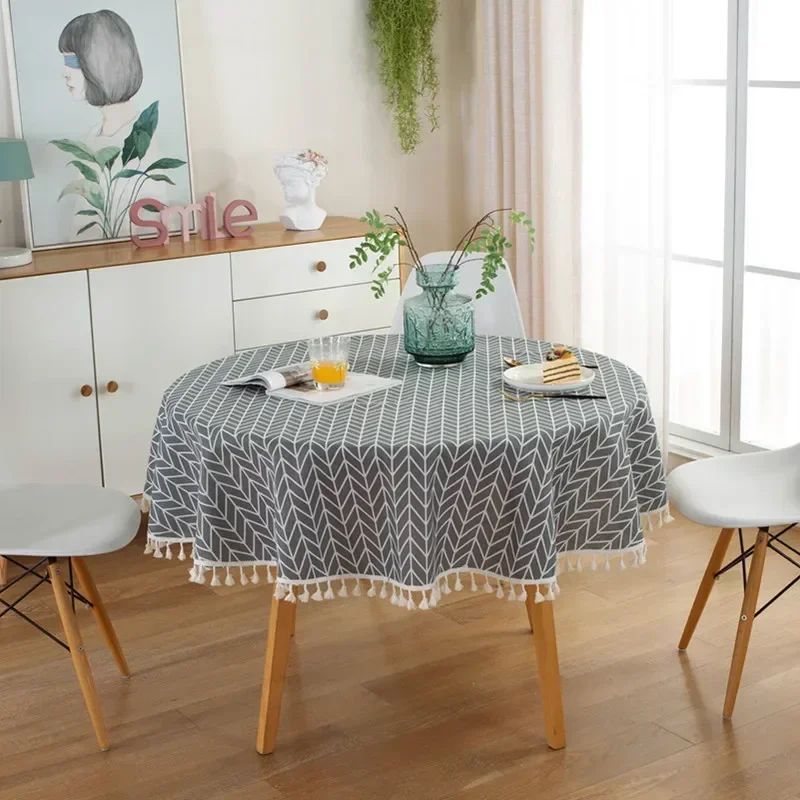 

America Cotton Linen Yellow Geometric Tassel Round Tablecloth Coffee Table Cover Tea Table Round Tablecloth Picnic Mat Decorate