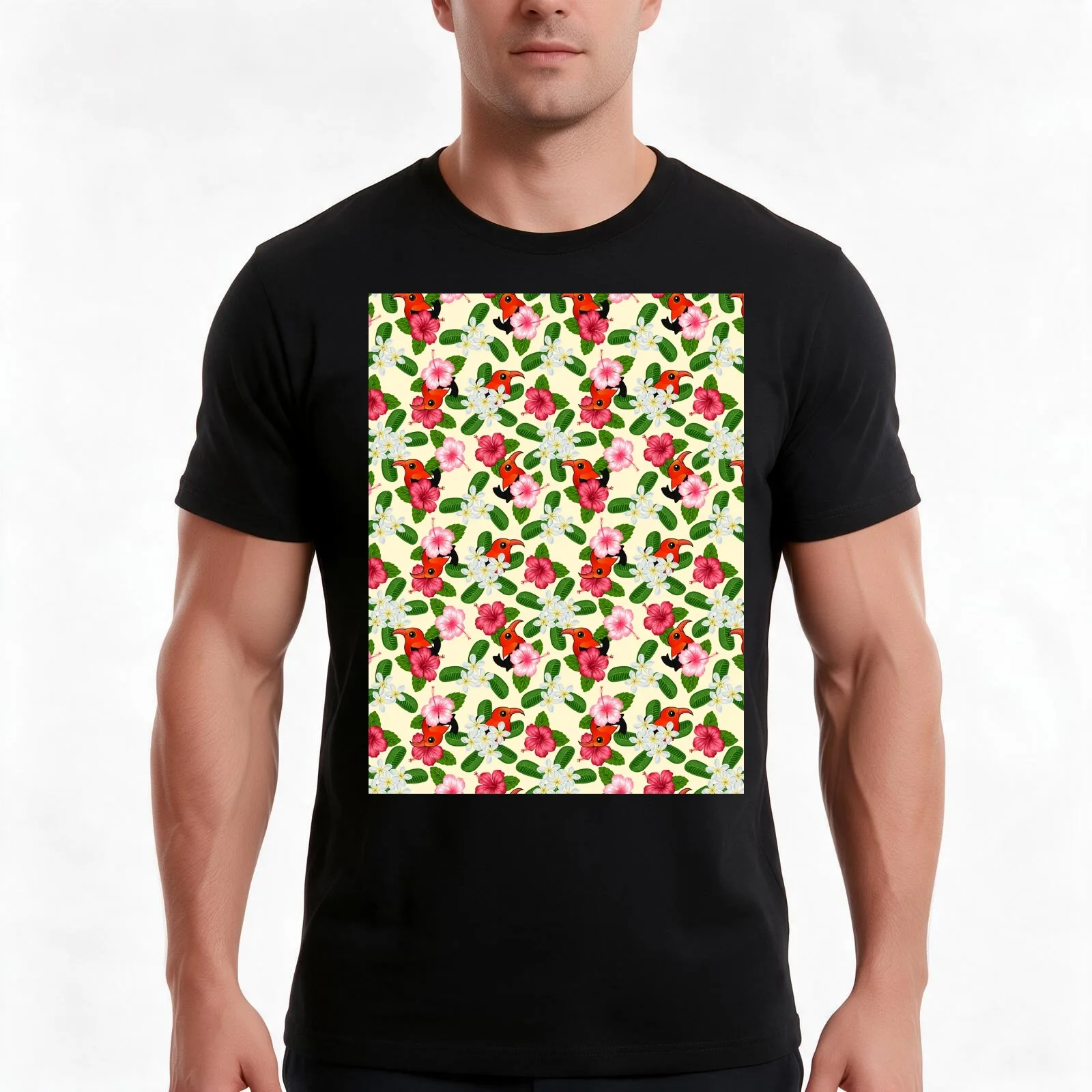 Birdorable 'I'iwi Bird from Hawaii with Flowers Pattern T-Shirt Summer Casual Cotton Tee Oversized Streetwear Tops