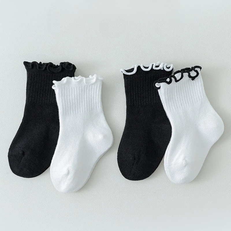 4 Pairs/lot Baby Girls Kids Socks Ruffle Princess Autumn And Spring Children Short Breathable Cotton White Black Toddler Sock