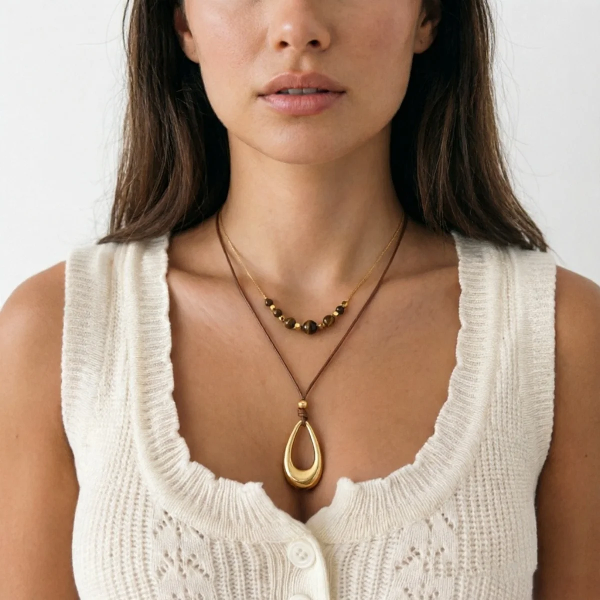 Vintage Einfache Tigerauge-Stein Wassertropfen-Anhänger Halskette für Frauen Männer Hohle Geometrische Tropfenform Lederseil Choker Schmuck – Detail 16