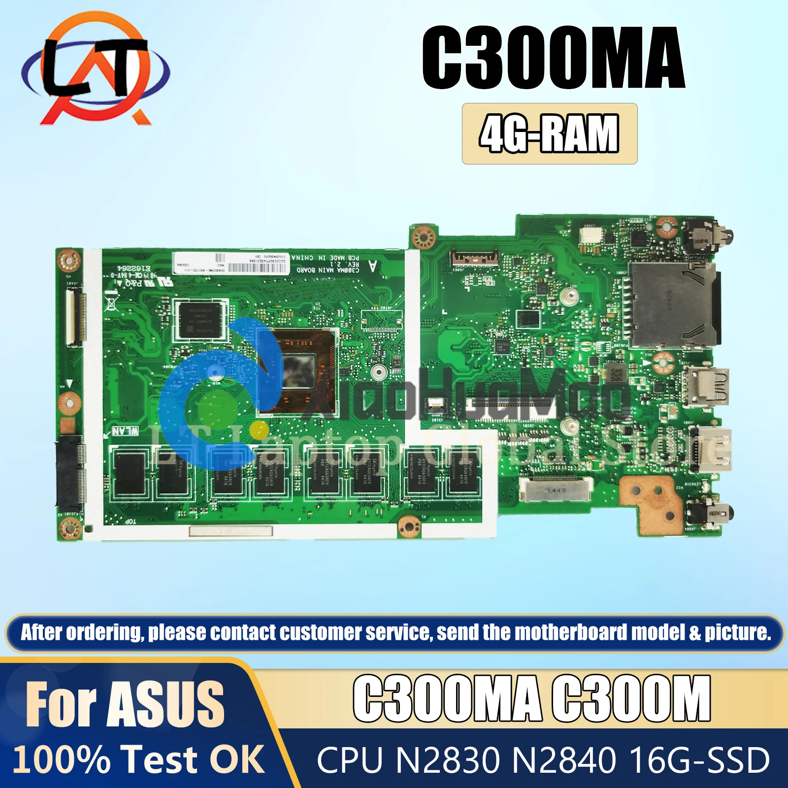 

C300MA Laptop Motherboard For ASUS Chromebook C300 C300M C300MA Notebook Mainboard N2840 N2830 CPU 4GB-RAM 16GB-SSD