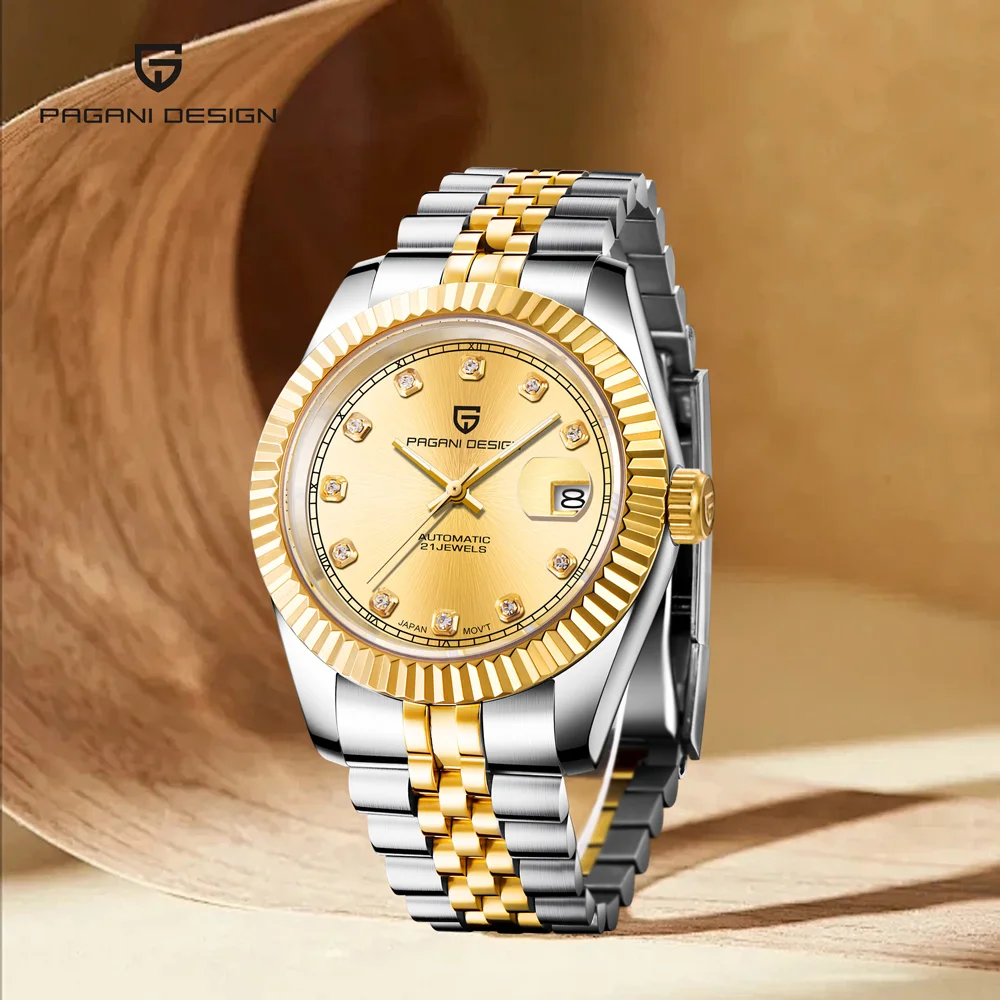 PAGANI DESIGN Men's Watch Luxury Diamond Gold Mechanical Watch For Men Top Sapphire Crystal Stainless Steel Automatic Date Watch