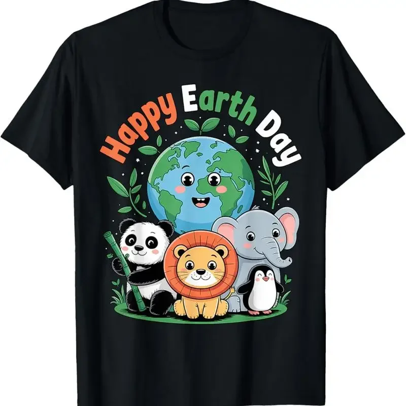 Cartoon Earth Surrounded By Jungle Animals Happy Day T Shirt