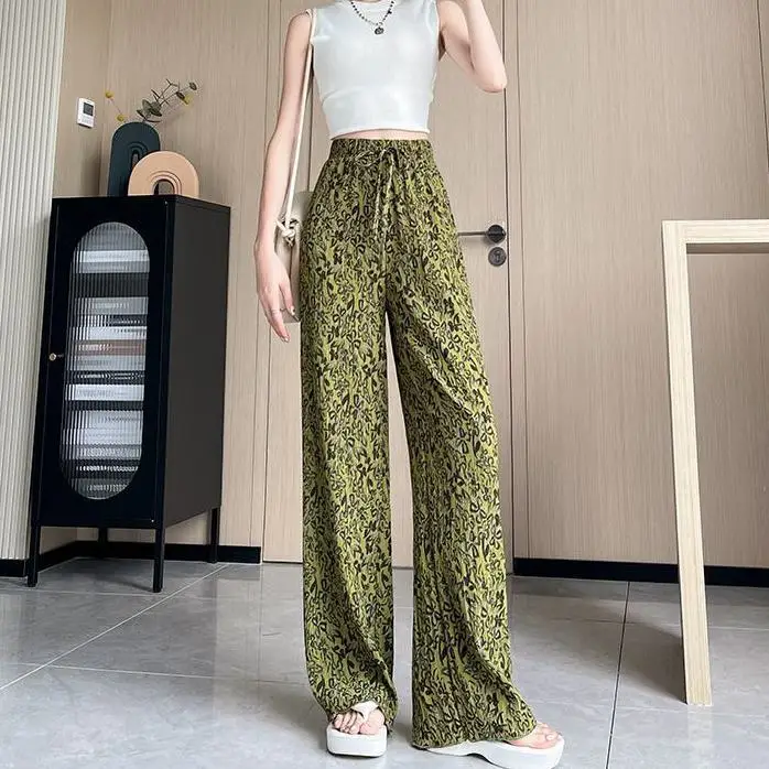 

Vintage Floral Dyed Wide-leg Pants Women's Thin High-waisted Draped Full Length Pants Straight-leg Loose Casual Pants