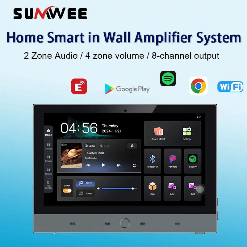 Home smart 2zone audio wall amplifier Built-in ZIGBEE gateway TUYA control panel 4zone volume music player WIFI Android11 system