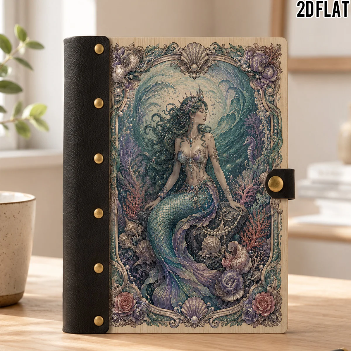 1PC 2DFlat Wooden Notebook, Hardcover Ocean Mermaid Seashell Coral Wave Art Print, 100 Pages With Leather Rivet Craft Decoration