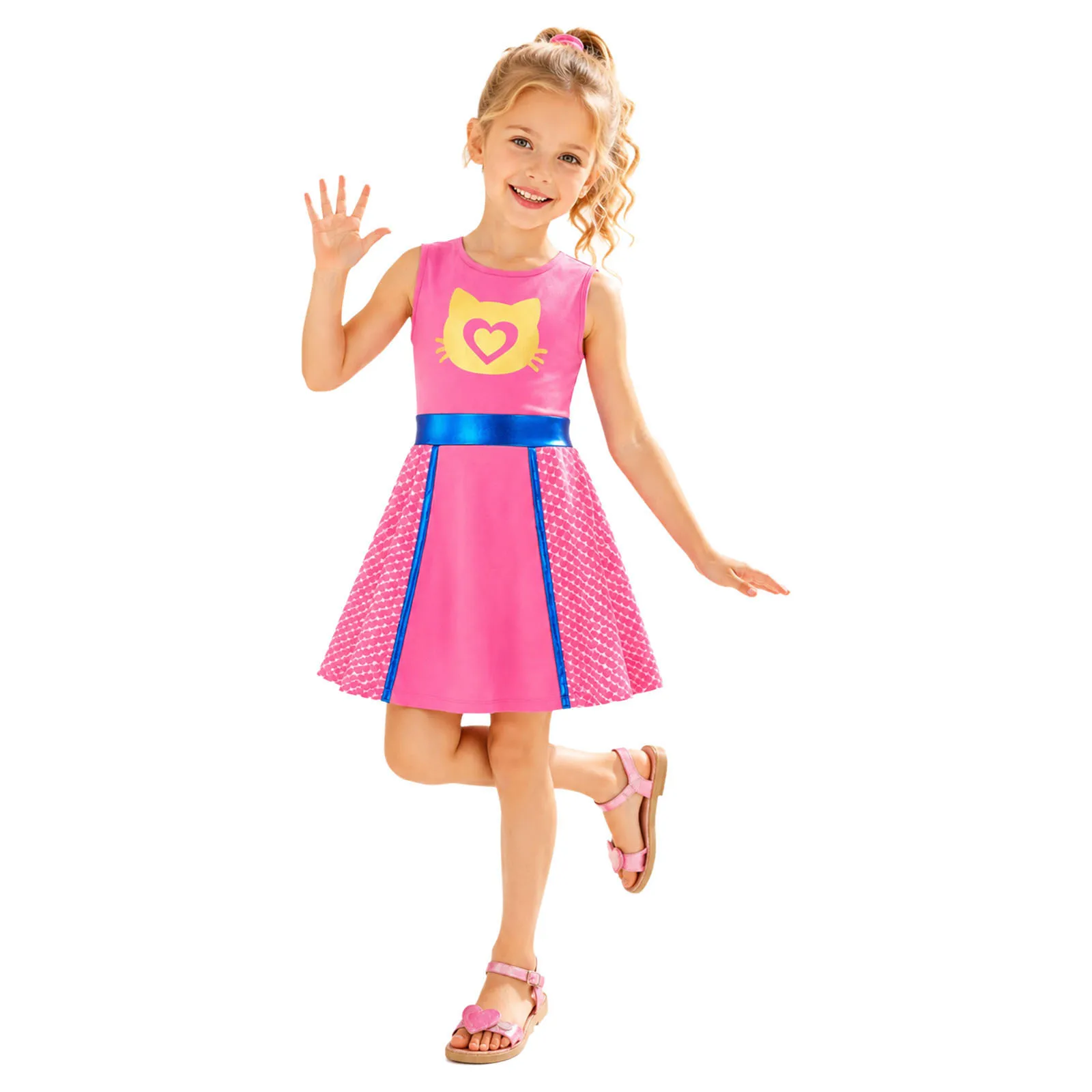 Kids Girls Movie Character Dress Up Costume Halloween Cosplay Fancy Outfits Sleeveless Metallic Waist Cute Cat Printed Dress
