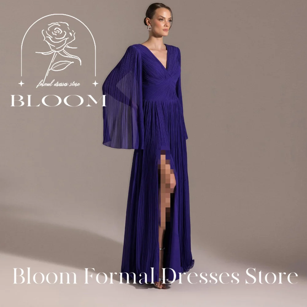

Bloom Formal Dresses Store Customized V Neck Pleated Evening Gown with Cape Style Sleeves Crisscross Back and High Slit in Wine