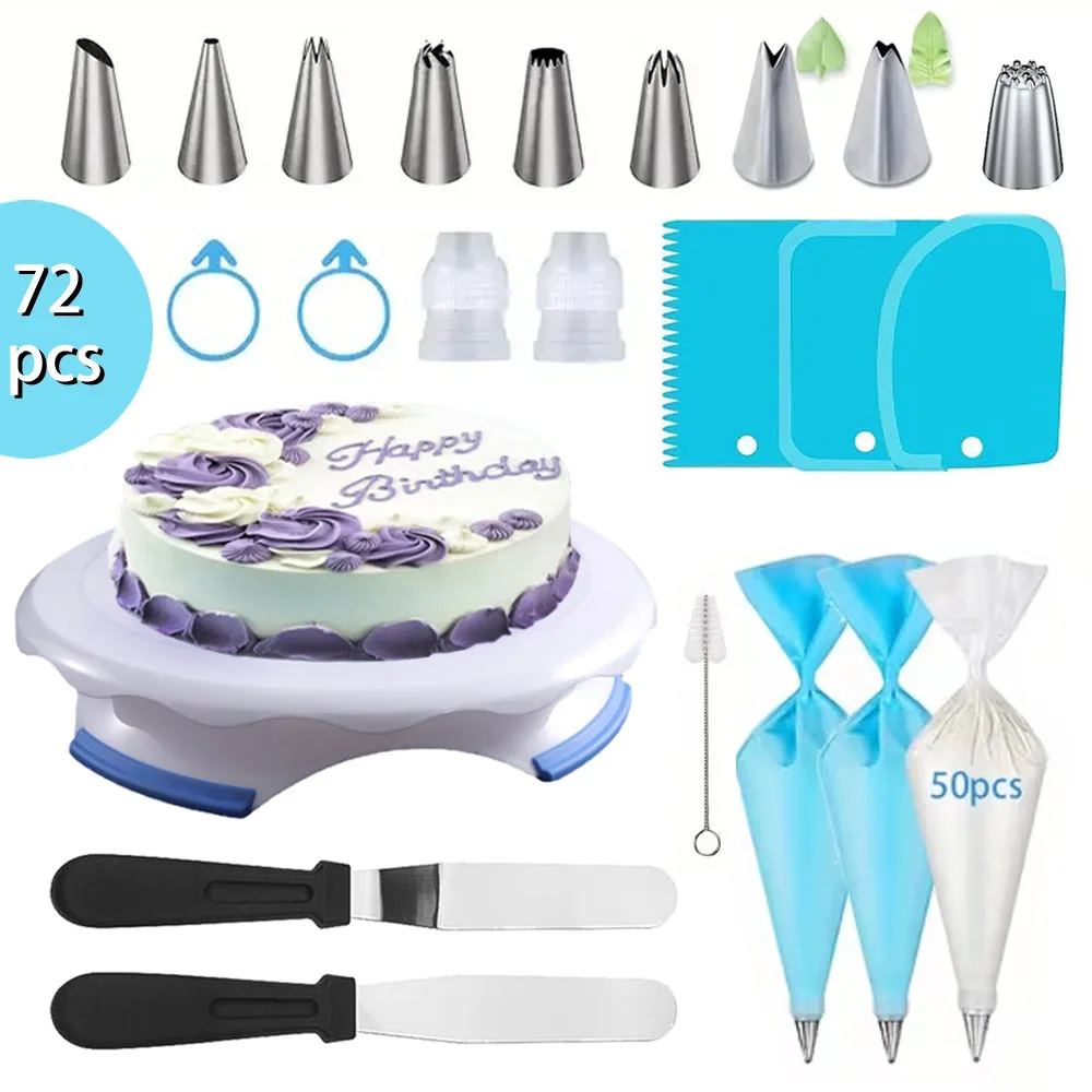 

72PCS Complete Cake Decorating Kit with Turntable, Piping Tips,Scrapers,Spatulas & Bags,Essential Baking Tools Set for Beginners