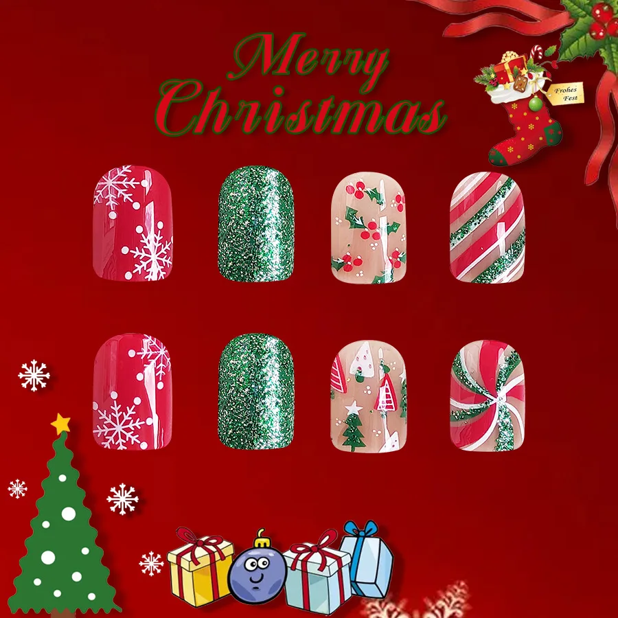 24 Uds. De colores mezclados cuadrados cortos de Navidad con copos de nieve brillantes, bastones de caramelo y patrones navideños, uñas postizas brillantes para mujeres/niñas