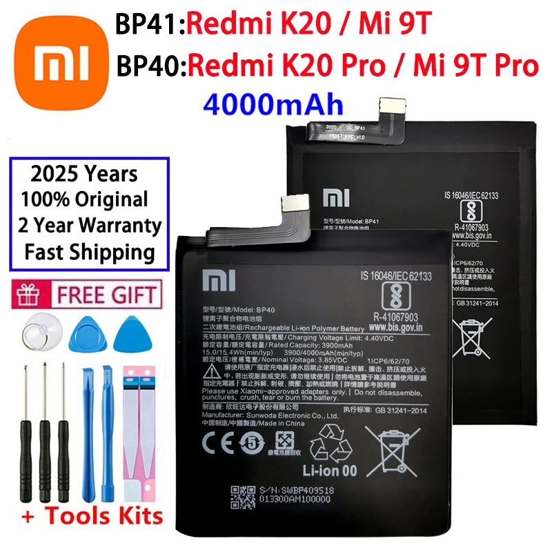 

Быстрая доставка, 2025 лет, 100% оригинальный аккумулятор BP41 BP40 для Xiaomi Redmi K20 Mi 9T Pro Mi9T K20Pro, 4000 мАч, аккумулятор для телефона