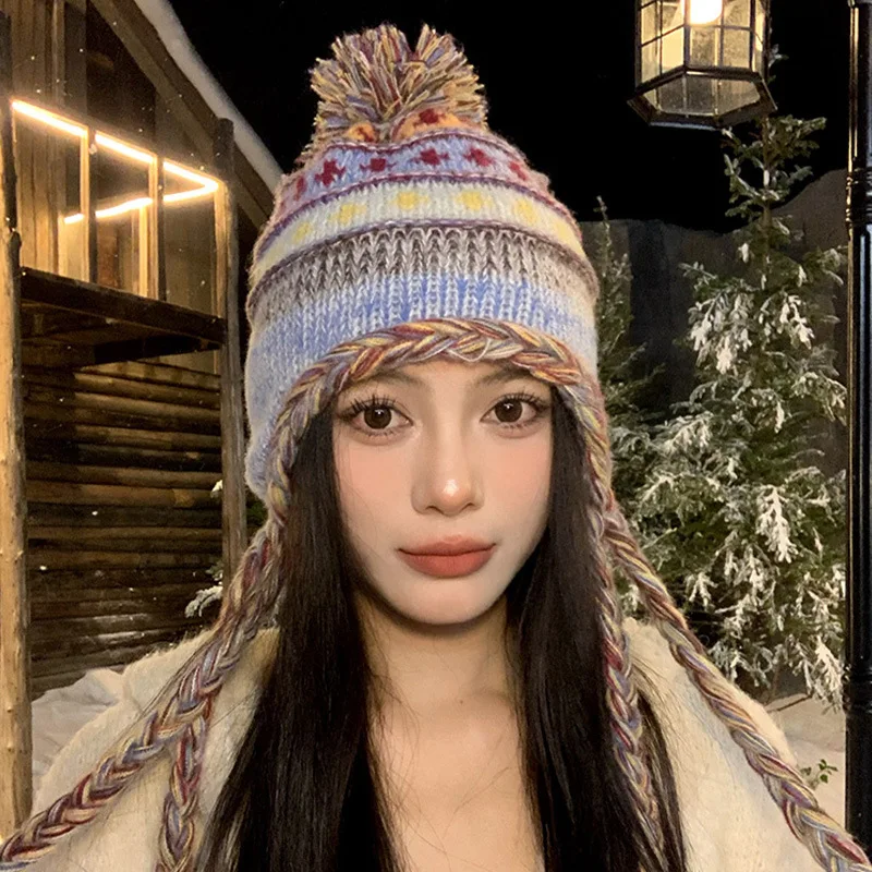 Women's Pullover Hats Ethnic Style Wool Ball Stripe Splicing Retro Knitted Tassel Ear Yarn Hats Protection Thickened Warm Hats
