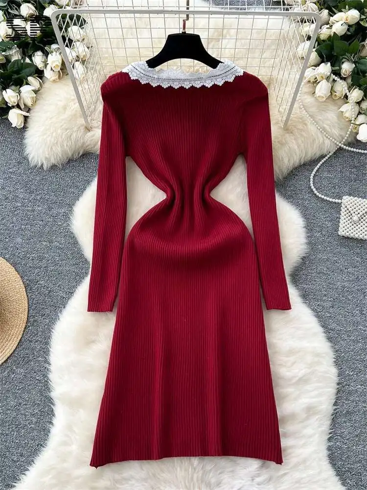 

BabYoung кружевное вязаное платье женское с v-образным вырезом и пуговицами, однотонная уличная одежда с длинными рукавами, зимние базовые эластичные тонкие платья