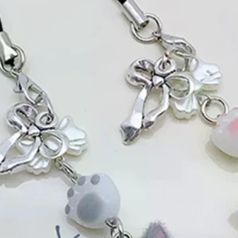 

Kawaii Flocking Cat Pendant Phone Lanyard Y2K Cute Bow Kitten Phone Chain Korean Mobile Phone Charm Keycord Girl Gifts
